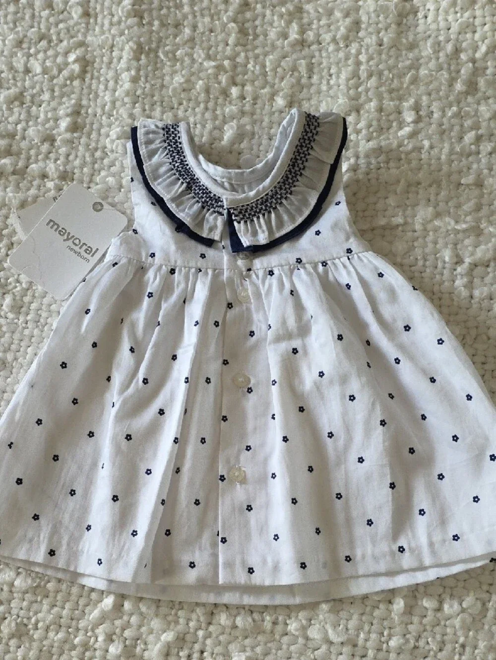 Mayoral White and Navy Floral Trim newborn girl set with Bows 2-4m